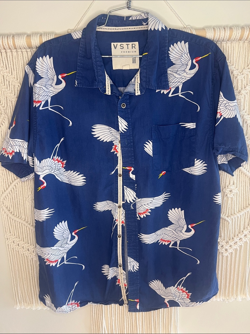 VSTR Navy Crane Print Short-Sleeve Button-Down Shirt